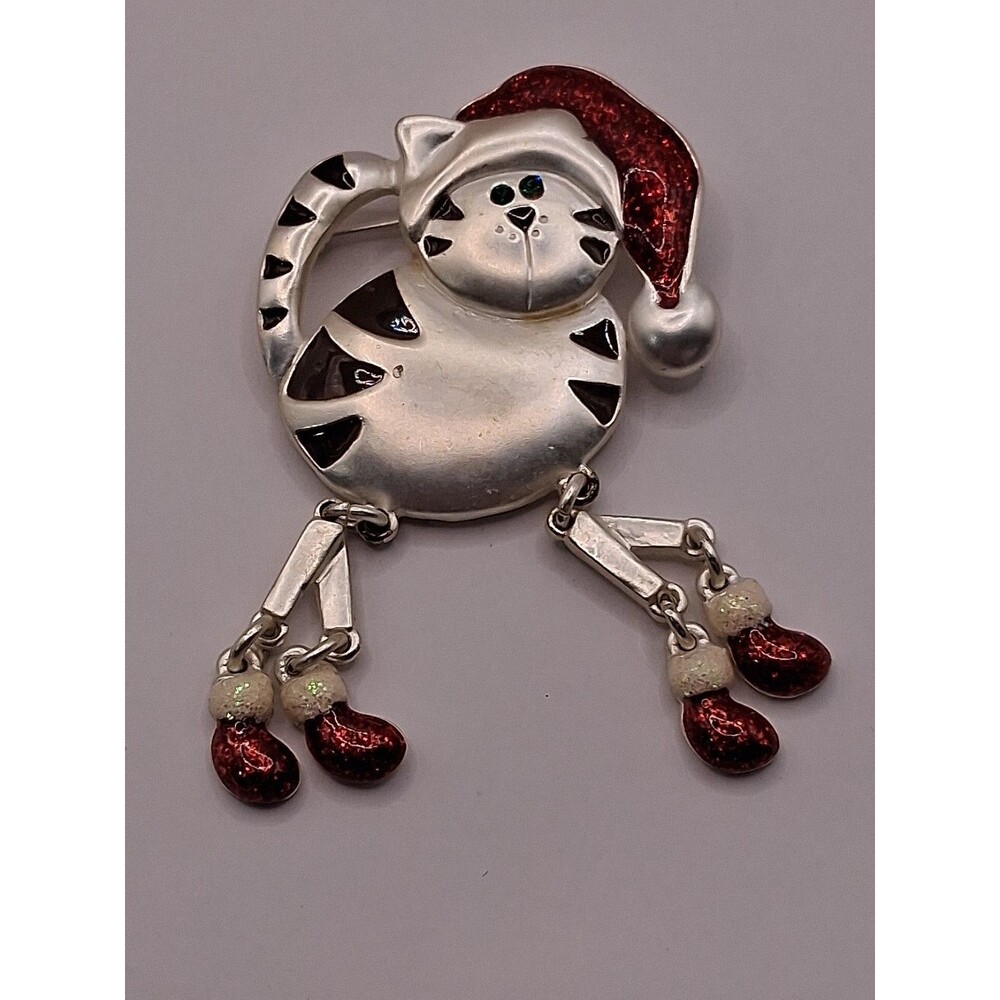 VTG Christmas Cat Brooch TC Lights and Hearts Kitty